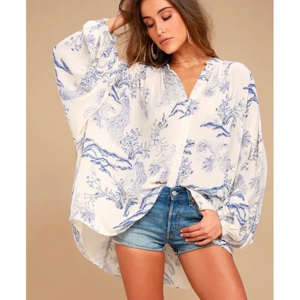 Free People Peacock Toile Print Tunic Top Blue Cream Oversized Blouse XS